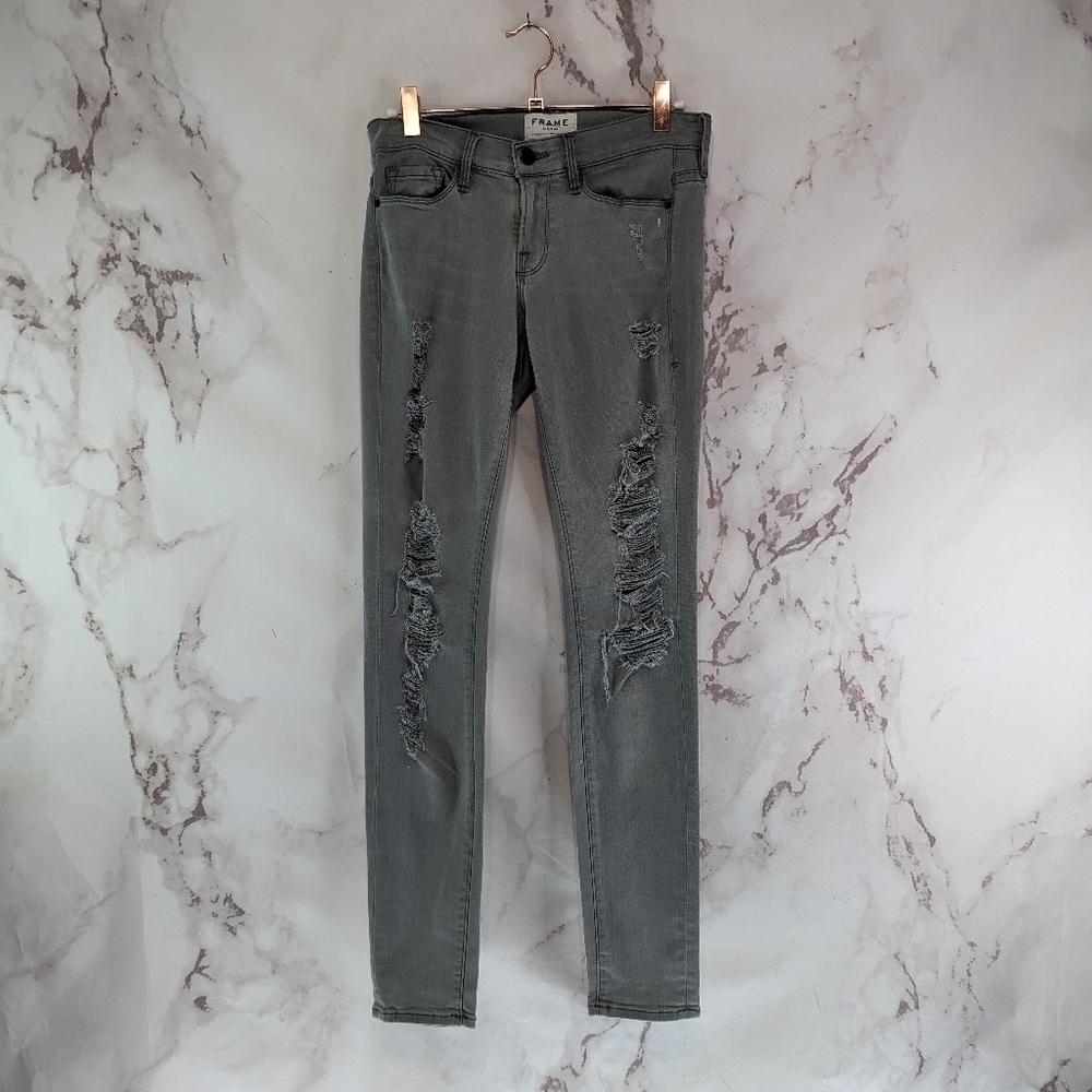 Frame Le Skinny de Jeanne Womens 25 Jeans Gray Distressed Holes Denim Crop